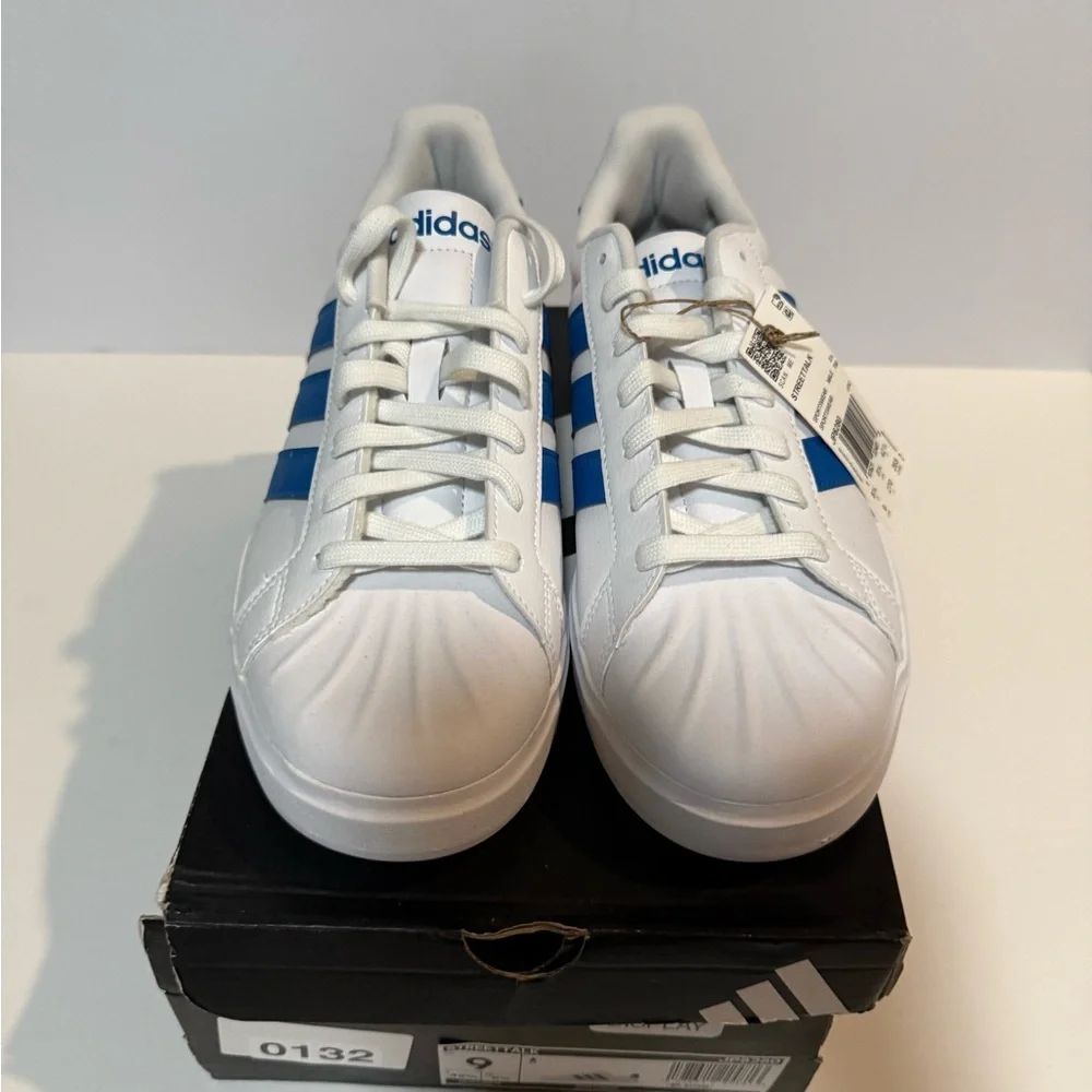 adidas White Sneakers with Blue Three-Stripes - NWT